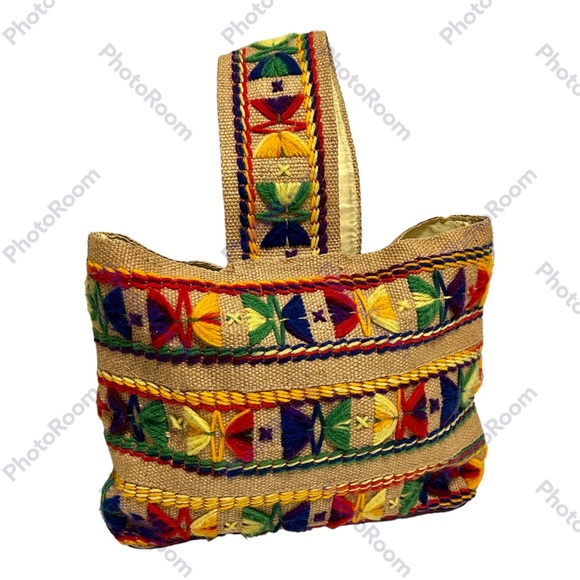Vintage 70s Burlap Purse Bag Tote Multi Color Embroidery BOHO Hippie 14" - Picture 3 of 9